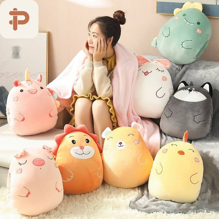Animal Hand-Warmer Pillow-Blanket 3-in-1