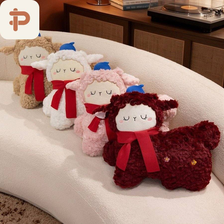 Lamb with Red Scarf Cushion